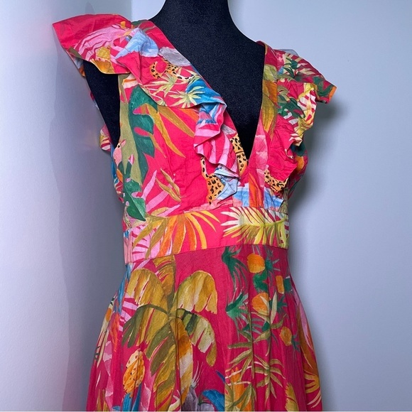Farm Rio- Tropical Jungle Midi Dress Size S Red Deep V Summer Flutter Sleeves - Picture 5 of 16